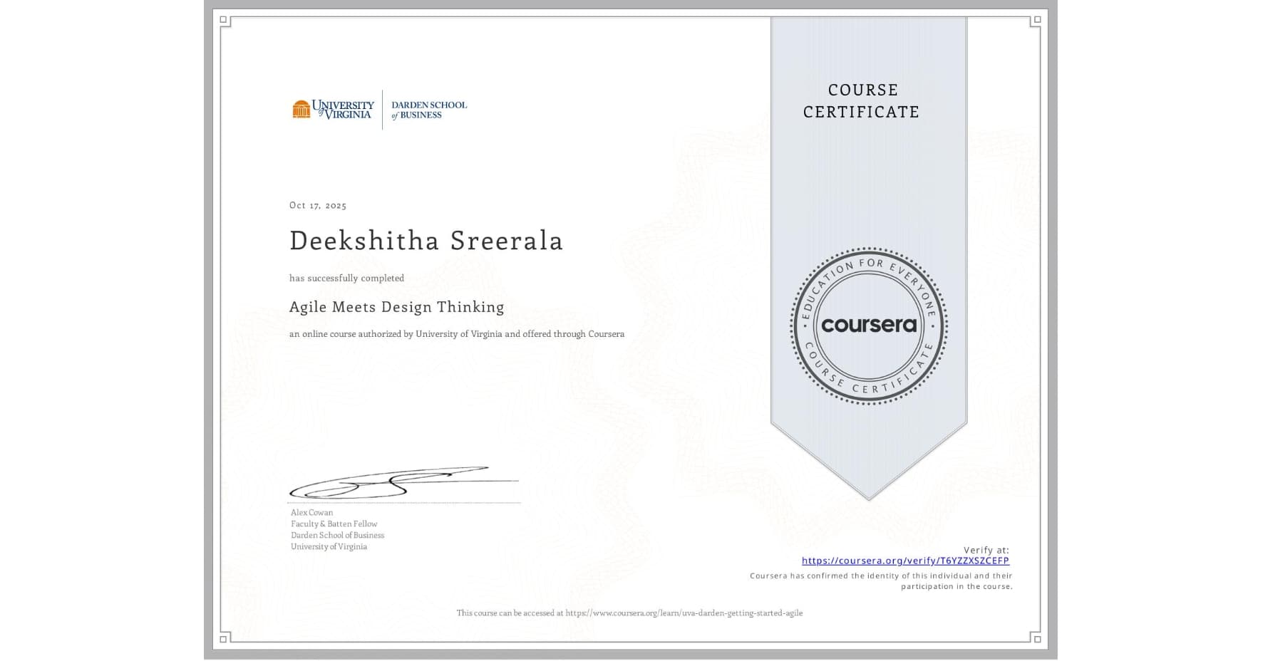 Agile Meets Design Thinking certificate, UVA Darden School of Business, via Coursera