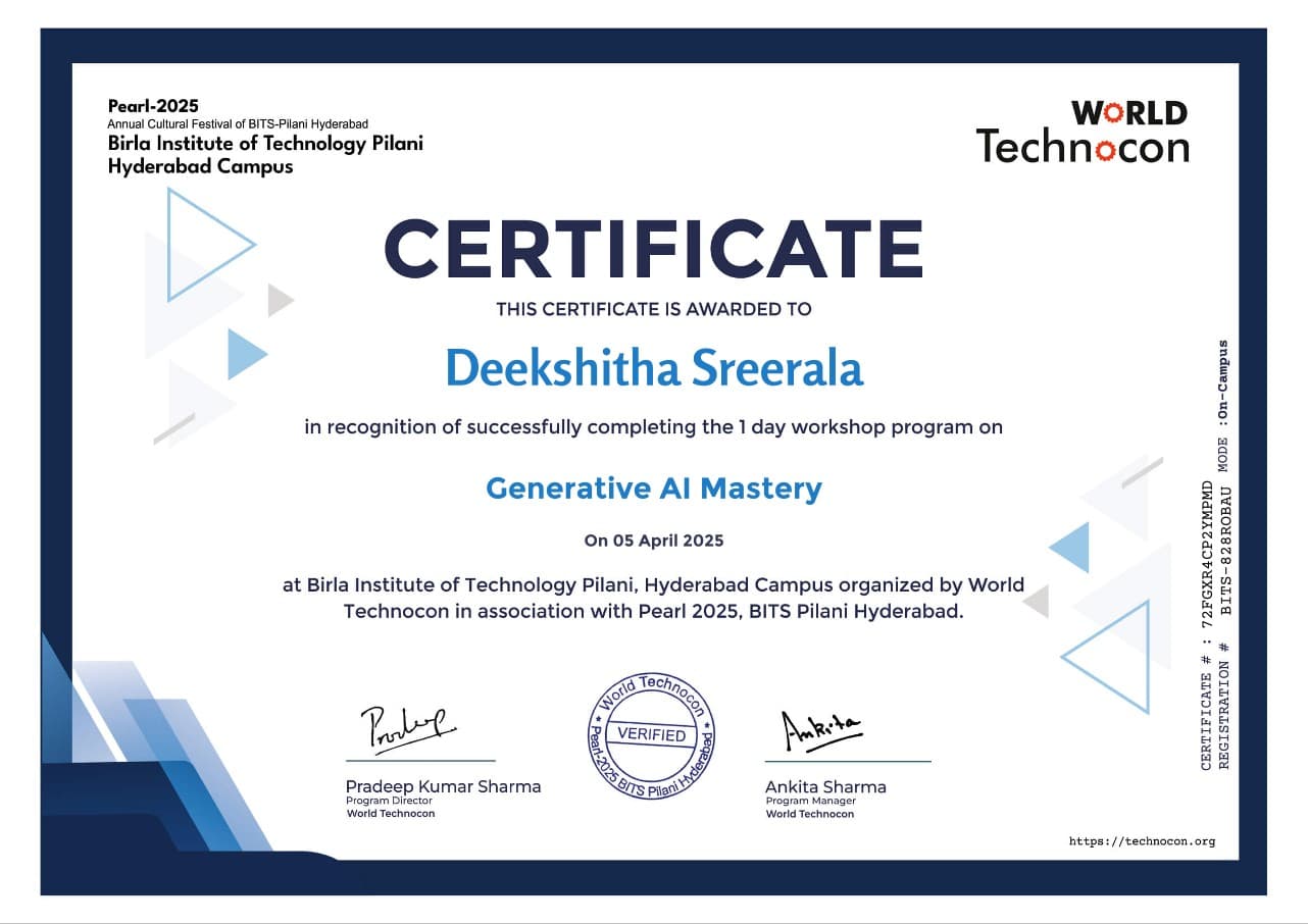 Generative AI Mastery certificate, World Technocon at BITS Pilani Hyderabad