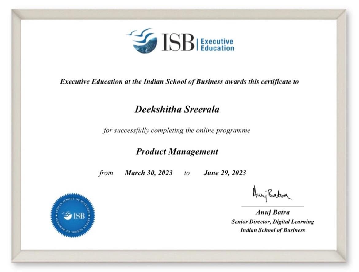 Product Management certificate, ISB Executive Education