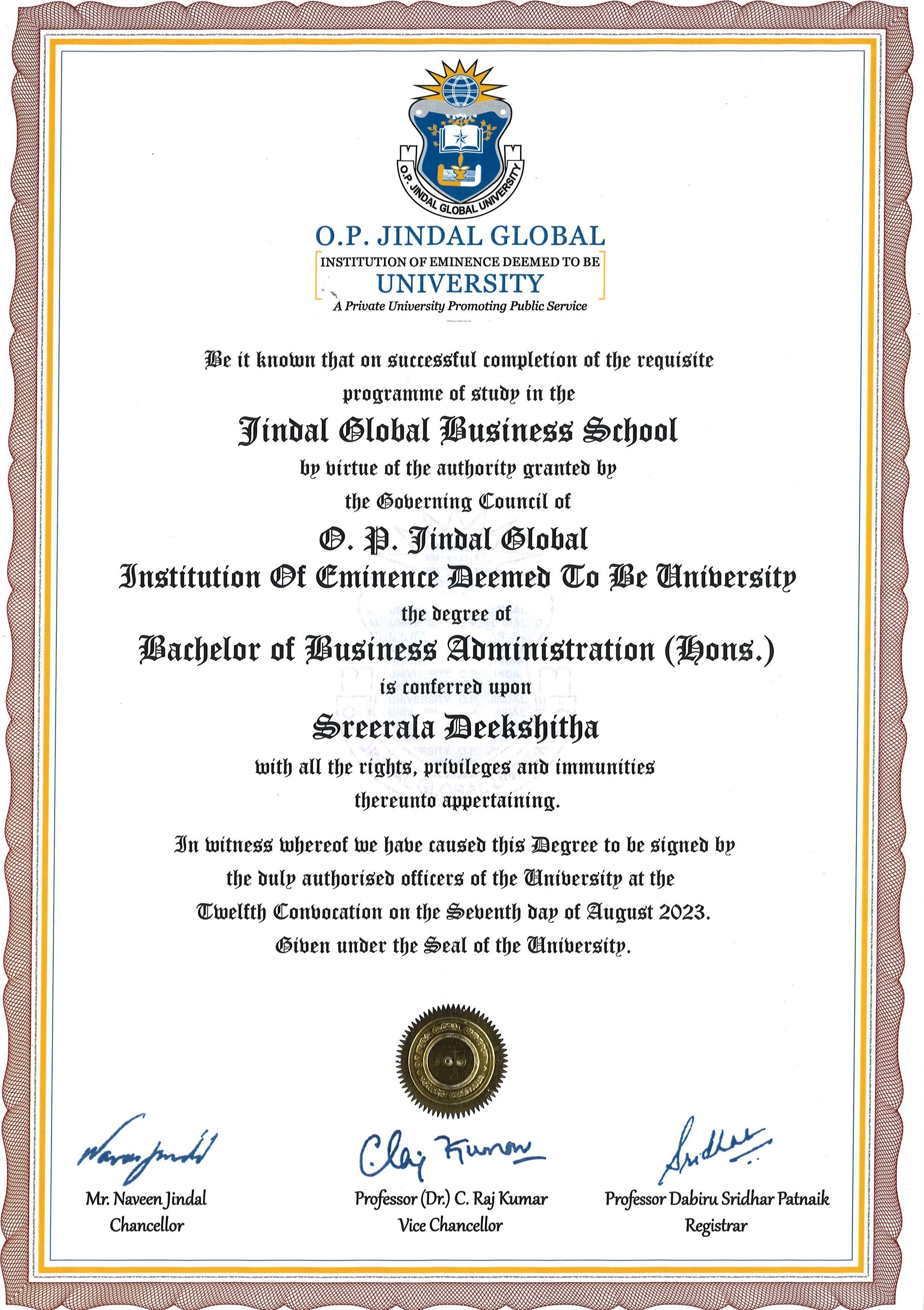 BBA (Hons.) certificate, O.P. Jindal Global University
