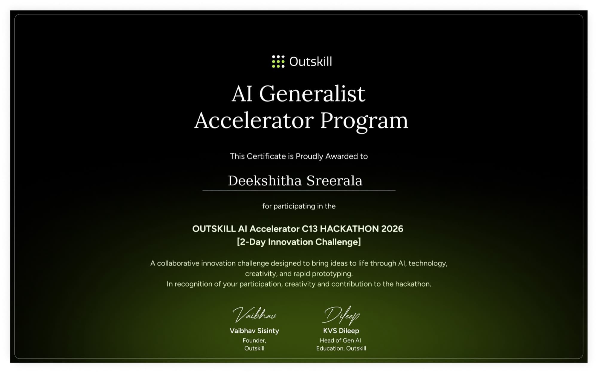 AI Accelerator Hackathon 2026 certificate, Outskill · 2-day innovation challenge