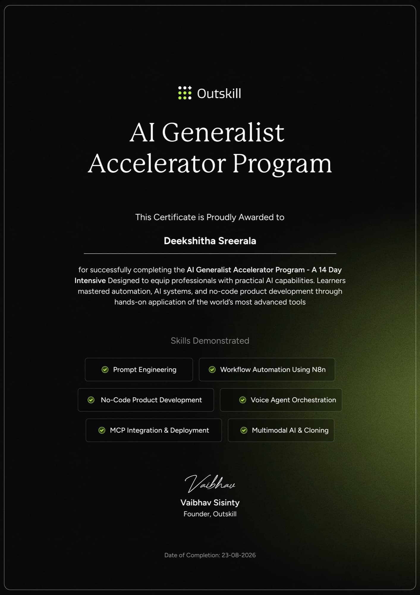 AI Generalist Accelerator Program certificate, Outskill